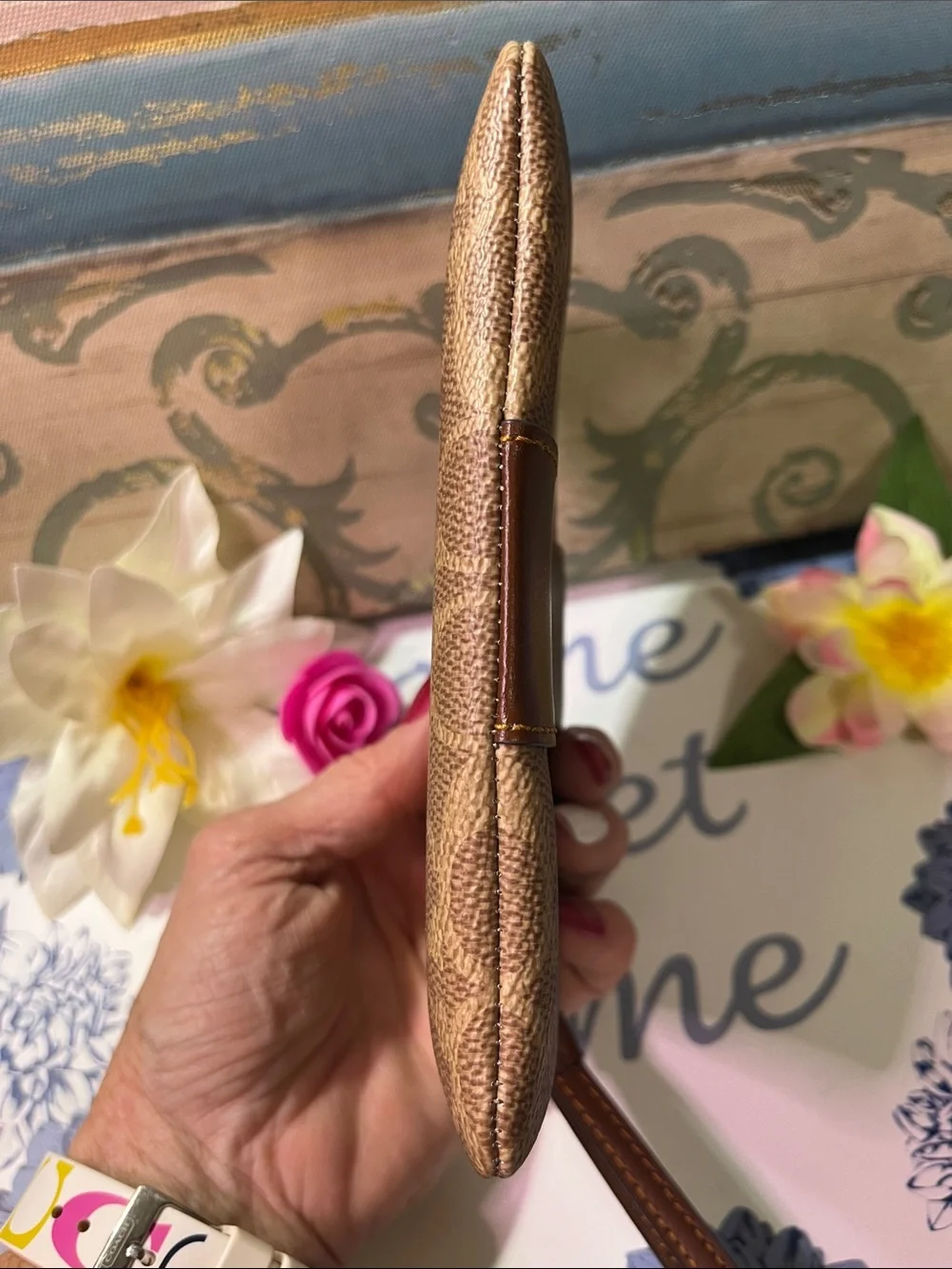 Coach Brown Signature Canvas and Leather Wristlet with Gold Logo